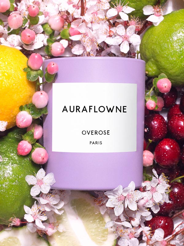 Overose Auraflowne scented candle features fragrance notes of Candied Cherries, Ripe Nectarines, Caramel Lemon Blossom and Lime Basil.